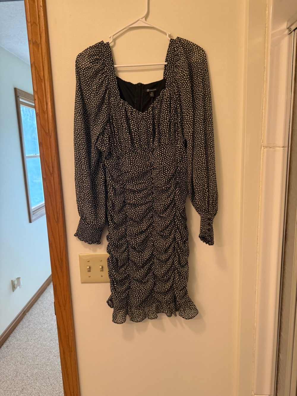 Versona Black and White Dot Ruched Long-Sleeve Dress